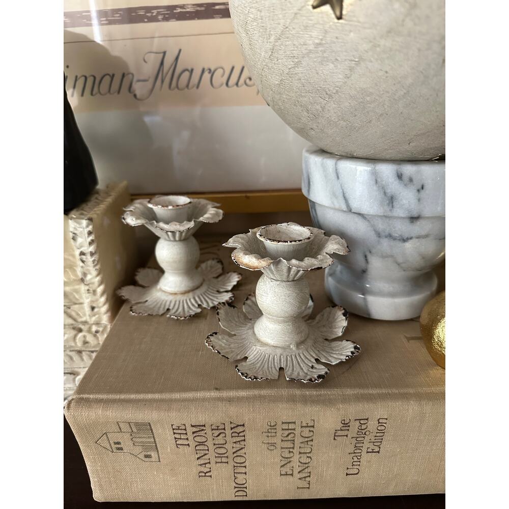 White metal floral taper candle holders distressed primitive pair cottage set